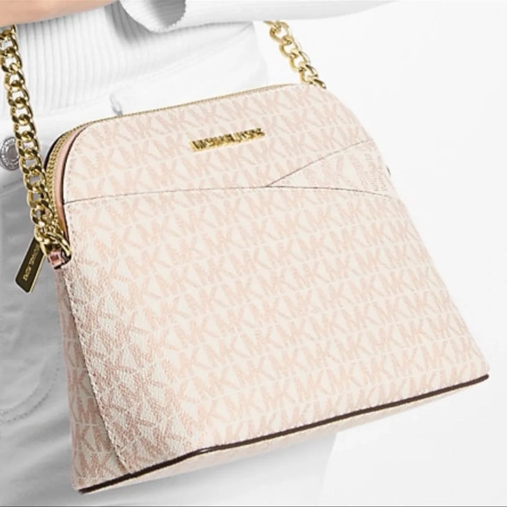 Michael Kors Jet Set Travel Md Metallic Signature Logo Dome Crossbody Satchel NW